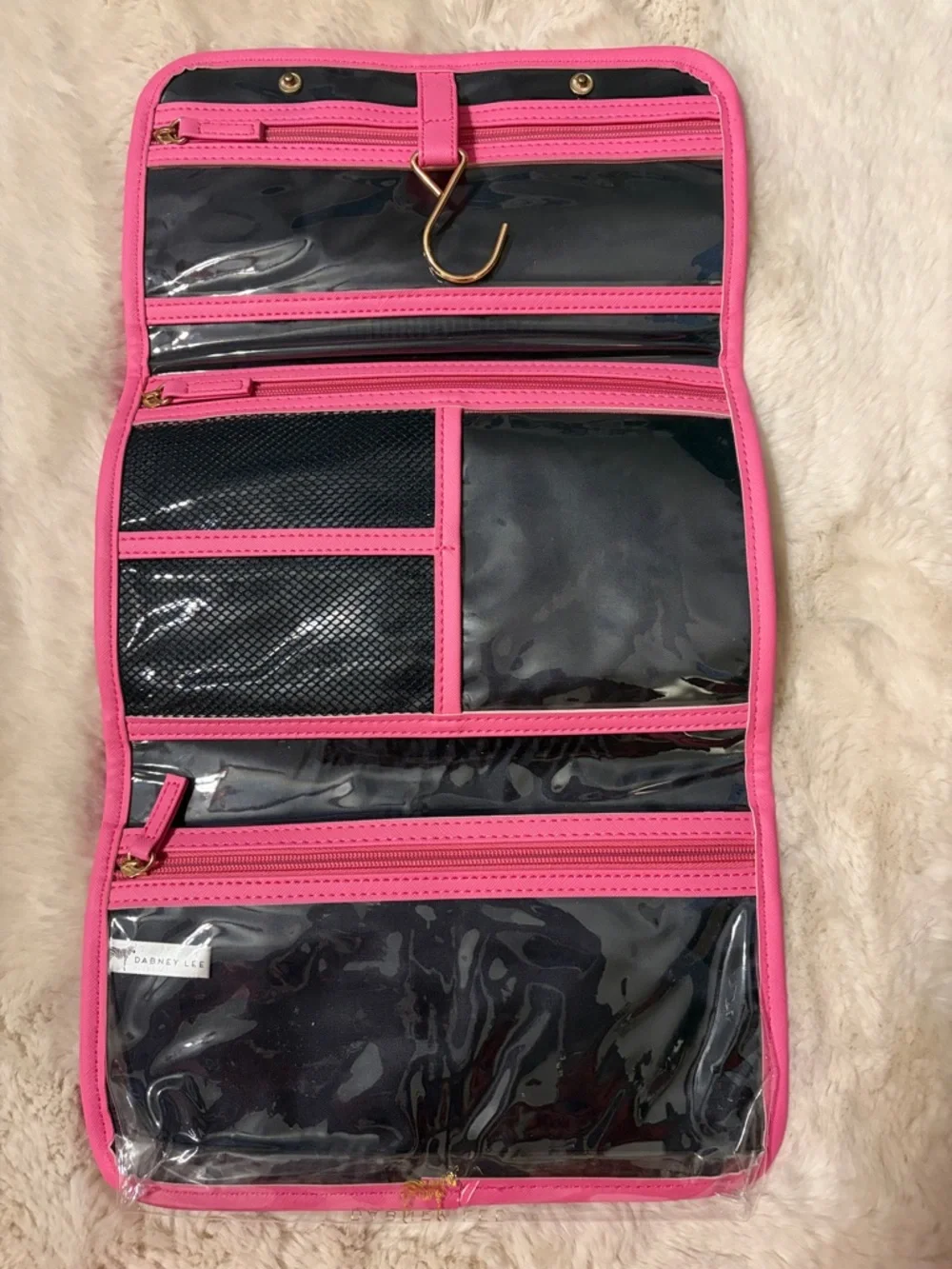 Dabney Lee Diagonal Multicolor Stripe Travel Makeup Case with Pink Trim